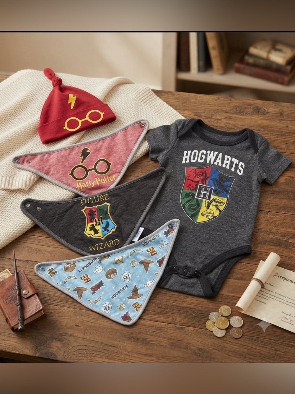 Wizarding of World Of Harry Potter 5 Piece Set Onesie Bibs and Hat 9M